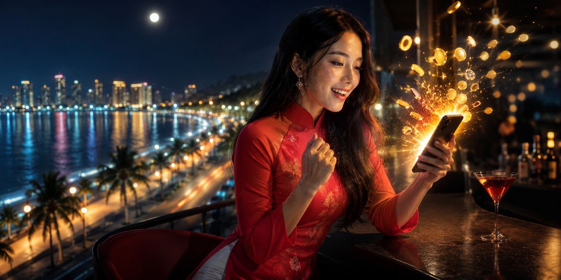 Người dùng mặc áo dài trải nghiệm mobile casino tại Mũi Né dưới ánh chiều tà