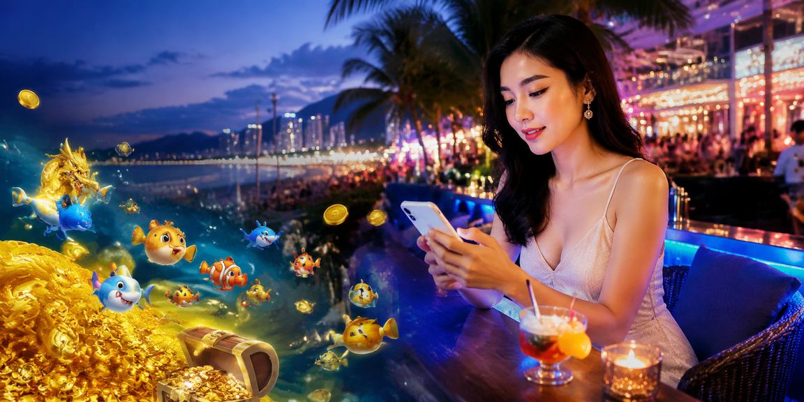 Người dùng chơi casino trên điện thoại di động tại bãi biển Nha Trang dưới nắng vàng